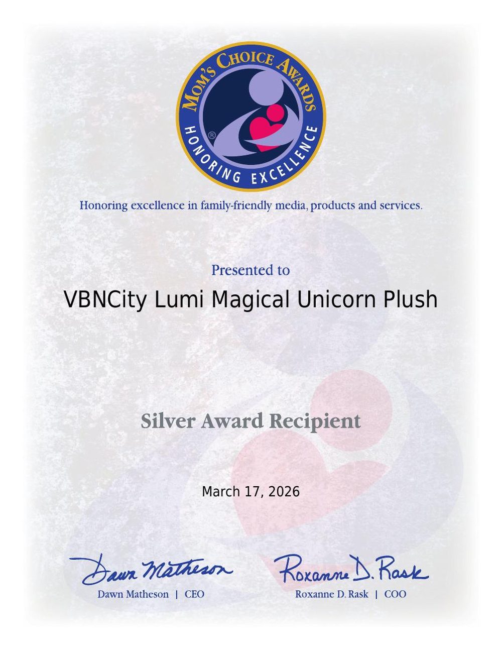 Mom's Choice Awards Silver certificate for VBNCity Lumi Magical Unicorn Plush, March 17, 2026
