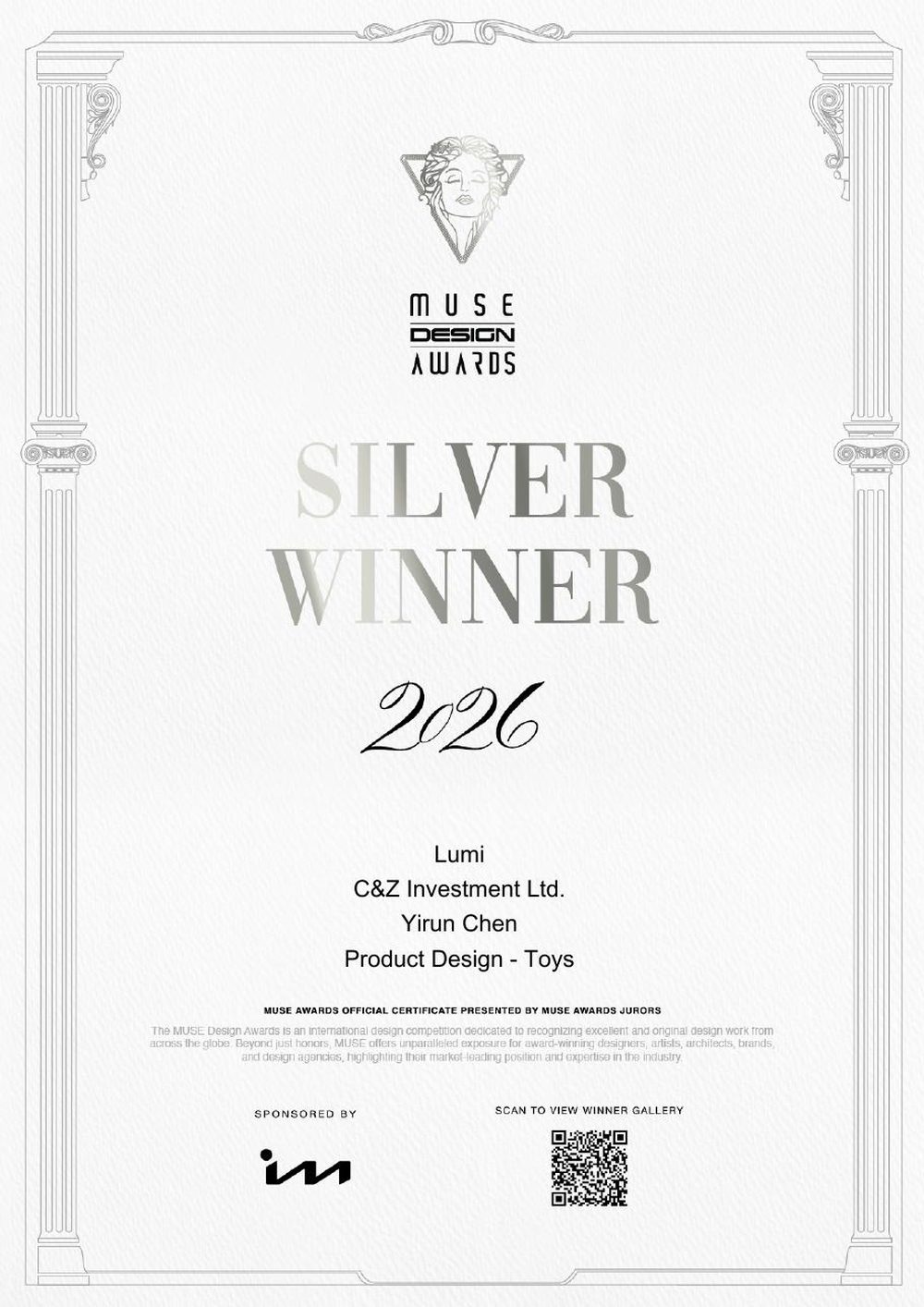MUSE Design Awards 2026 Silver Winner certificate for Lumi, Product Design – Toys, Yirun Chen